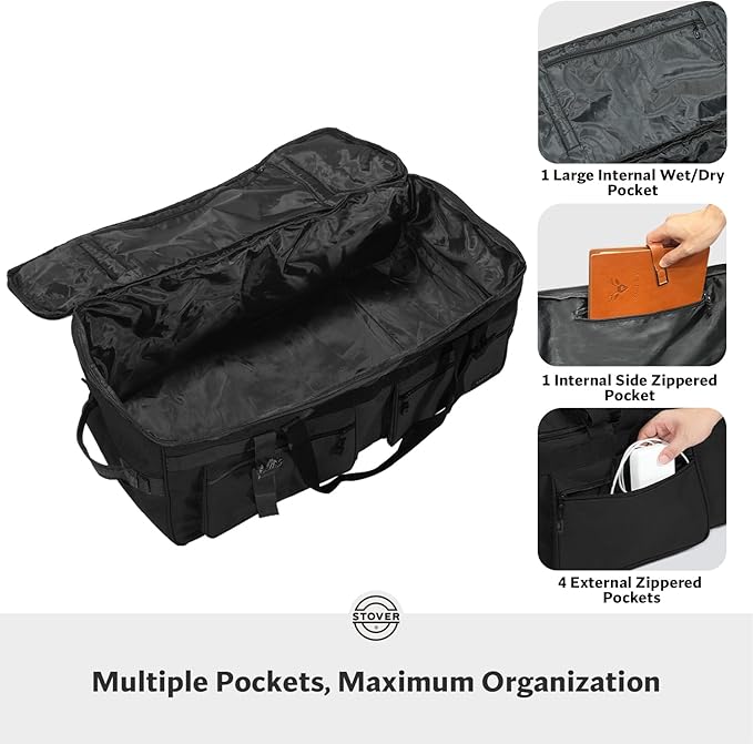 STOVER 45/80/100L U-Zip Rolling Duffel Bag with Wheels X-Large Durable Travel Duffle + Toiletry Bag Lay-Flat Opening Packable w/Shoulder Straps- Use as Luggage or Backpack Men/Women (Black)
