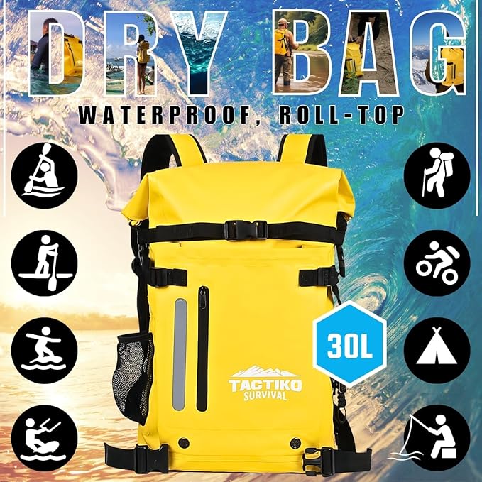 Tactiko 30L Heavy-Duty 100% Waterproof Backpack - Dry Roll-Top Floating Backpack - Rip-Stop Tarpaulin - Comfortable Padded Shoulders &amp Back - Waist Strap - Large Utility Pocket Carabiner (Yellow)