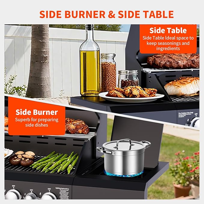 4 Burners Propane Gas Grill with Side BurnerStainless Steel Grill Outdoor Patio Garden Barbecue Grill with Clearview Oil Tray Built-in Thermometer for Barbecue Camping Patio Backyard