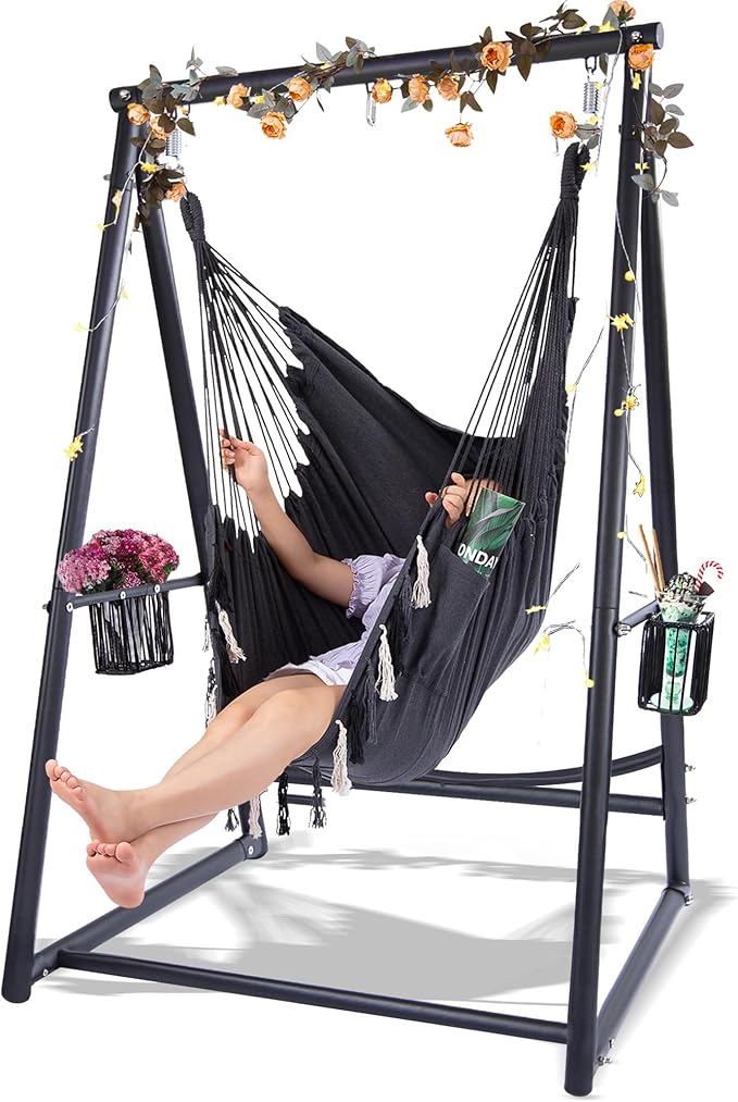 Hammock Chair Hanging Rope Swing &amp Stand Set with Two Holders Heavy Duty Hanging Stand with Three Hooks Multi-Use for Indoor Outdoor Patio Yard Garden(Black &amp Black)