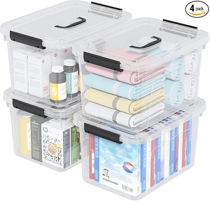 20 Quarts Stackable Plastic Storage Latches Box with Lid Clear Latching Storage Bin with Handle 4 Packs