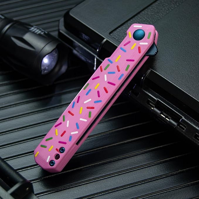 BELLIA BORS EDC Donut Folding Pocket Knife D2 Steel Blade with Anti-slip Handle Pocket Clip Outdoor Camping Hunting Fishing