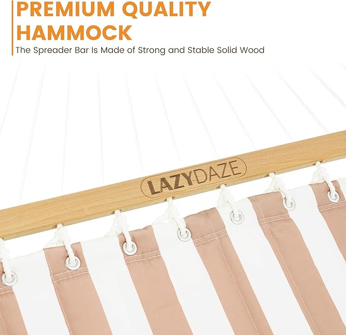 Lazy Daze 12 FT Quilted Double Hammock with Spreader Bar 2-Person Outdoor Hammock for Patio Poolside Backyard Beach 450 lbs Capacity Beige White