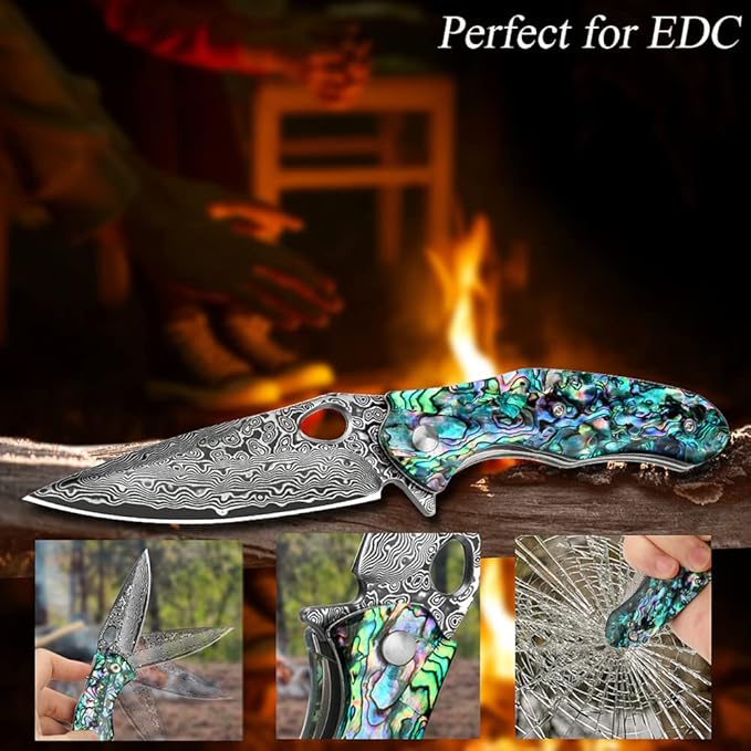 Benkey Damascus Pocket Knife Sharp VG10 Core Damascus Steel Folding Knives with True Abalone Shells Handle Leather Sheath Ball Bearing Liner Lock Lightweight Damascus Knife for EDC Men Women