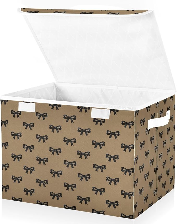 Storage Bins With Lid Stackable Fabric Closet Organizer Clothing Storage Large Boxes For Closet Shelves Bedroom Brown Textured Bow