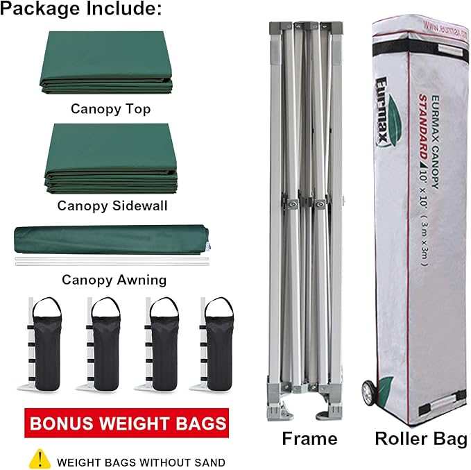 Eurmax USA 10x10 Pop Up CanopyCommercial Tent with Patented No-Tip Rolling Bag24sqft Extension Awning &amp 4 Zippered Removable WallsUV &amp Water ResistantHeavy Duty Instant Shelter GazeboFore