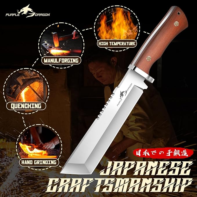 Purple Dragon Japanese Tanto Knife - Fixed Blade Knives with Back-Carry Sheath - Full Tang Knife with Wooden Handle for Camping Outdoor - Christmas Gift for Men and Women
