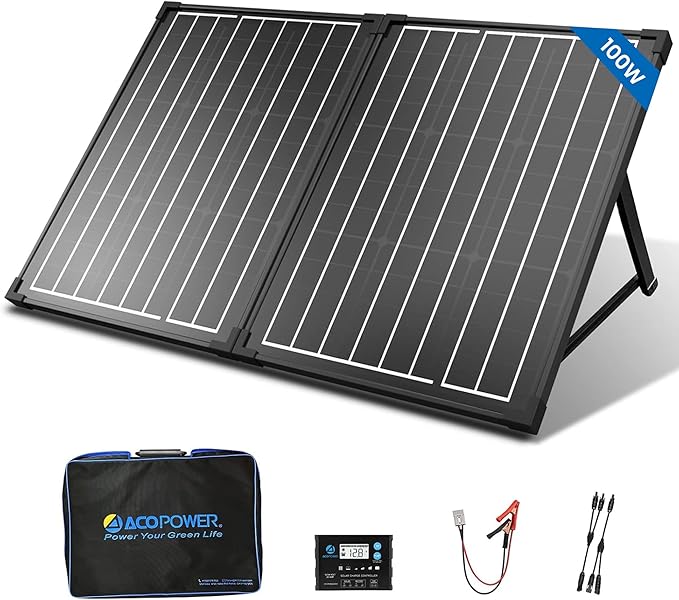 ACOPOWER 100Watt 12 Volt Portable Solar Panel with Waterproof 20A Charger Controller Foldable Solar Panel Kit Monocrystalline for Camping RV Black