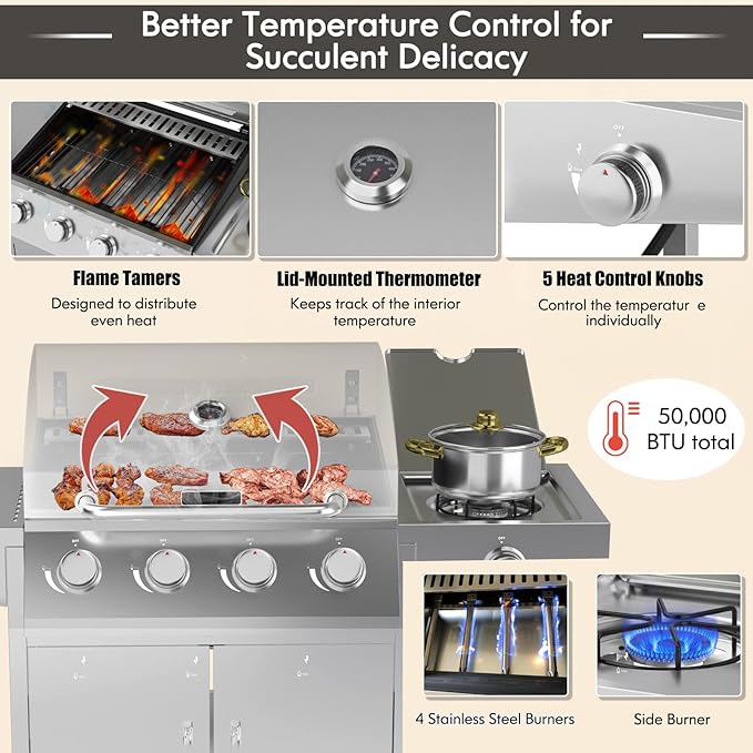 Giantex Propane Gas Grill 50000 BTU 4 Main Burners 1 Side Burner 2 Prep Tables Stainless Steel Heavy-Duty BBQ Grill with 4 Wheels for Backyard Party Outdoor Cooking