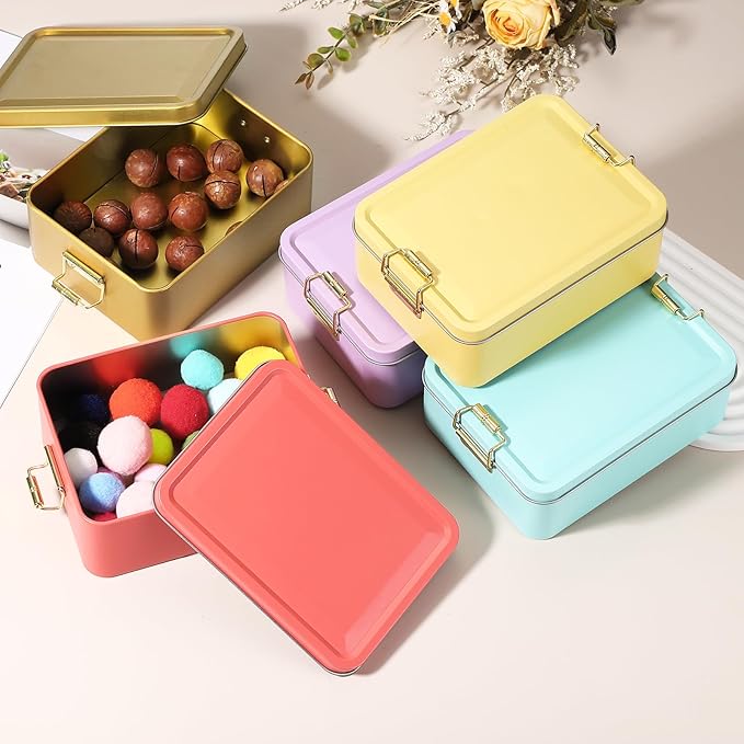 uxcell 2Pcs Metal Tinplate Box with Lids 5.7x4.3x2.2 Empty Rectangular Tin Box Container with Clasp for Home Office Travel Organizer Gifts Cookies Pencil Case Craft Storage Yellow