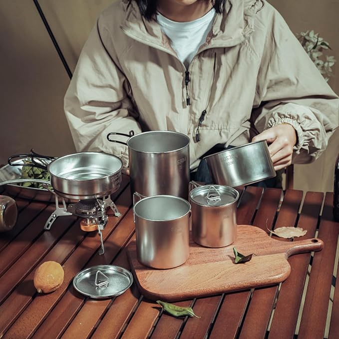5PCS Stainless Steel Camping Cooking Set Cookware Mess Kit Cook Pots and Pan Set with Cups &amp Storage Bag Lightweight Camping Cookware for Hiking Backpacking Outdoor Cooking and