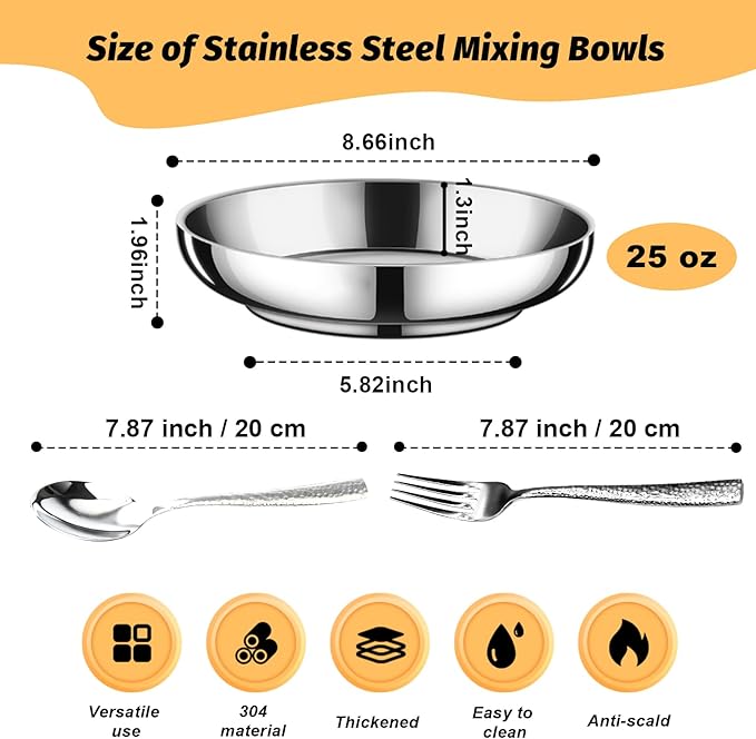 2PCS Stainless Steel Dinner Plates 8.7 Double Layered 18/8 Metal Round Dinner Plates Unbreakable with 2 Spoons &amp Forks Dishwasher Safe Heat-Resistant for Indoor/Outdoor Use Camping Everyday Me