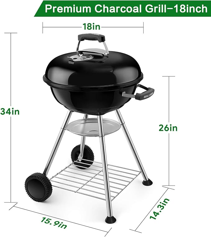 BEAU JARDIN Premium 18 Inch Charcoal Grill for Outdoor Cooking Barbecue Camping BBQ Coal Kettle Grill Tailgating Portable Heavy Duty Round with Thickened Grilling Bowl with Wheels