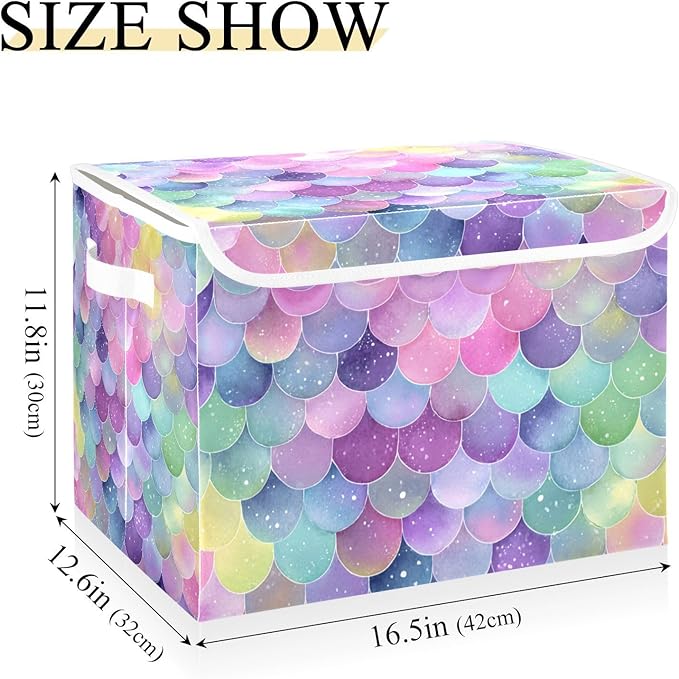 Collapsible Storage Bins with Lids Decorative Fabric Storage Cubes Closet Organizer and Storage Basket Boxes Containers for Clothes Box Chest Nursery Folding Rectangle Purple Mermaid Scale