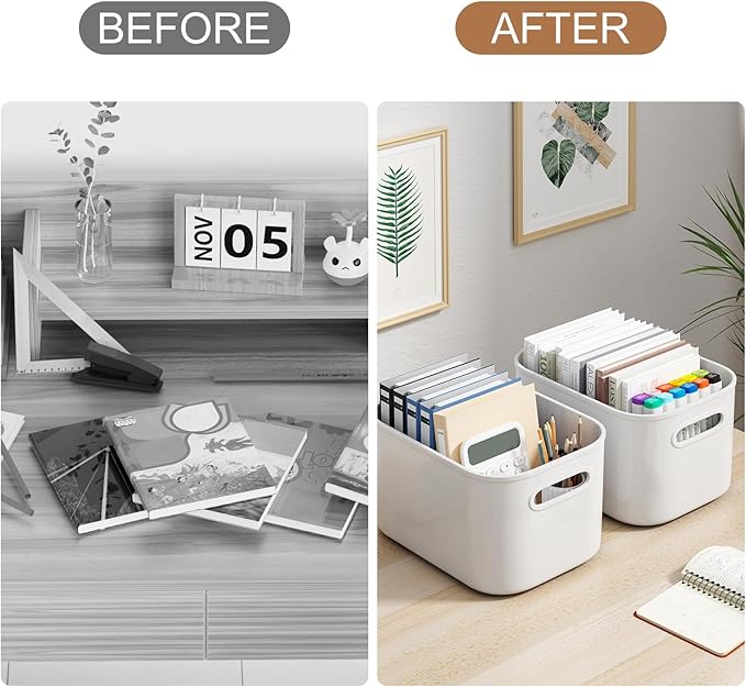 6 Pack White Storage Bins with Lids Stackable Storage Container for Organizing Small Storage Boxes with Handle for Shelves Cute Organizer Bins for Craft Snacks 9.85x6.9x5.7 inch