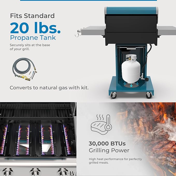 Kenmore 3-Burner Propane BBQ Grill 30000 BTUs Gas Grill with Cast Iron Cooking Grates Folding Side Tables &amp Wheels Outdoor Grill with Tool Hooks Teal