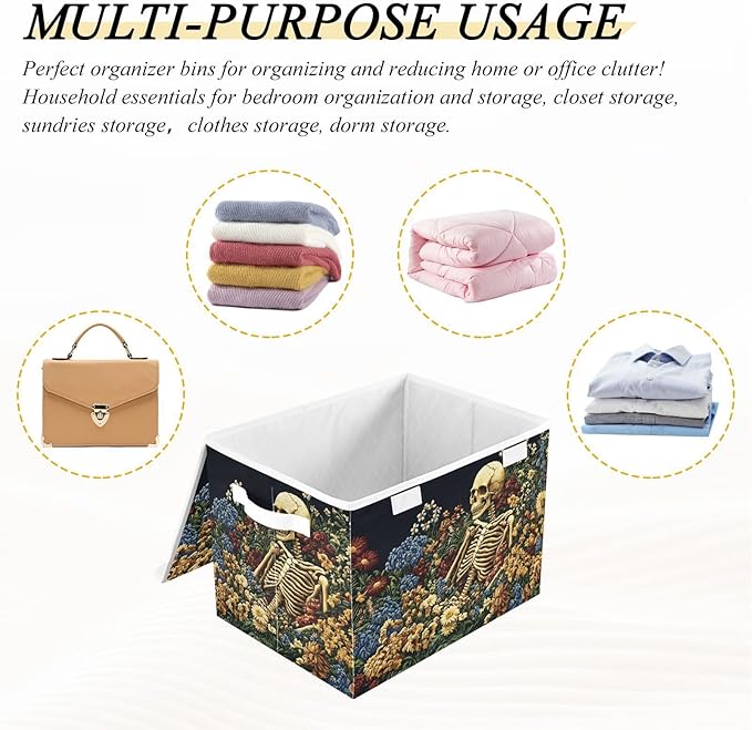 Storage Cube with Lid Art Skull Floral Print 16.5×12.6×11.8 IN Collapsible Large Capacity Foldable Storage Basket Bin Organizer