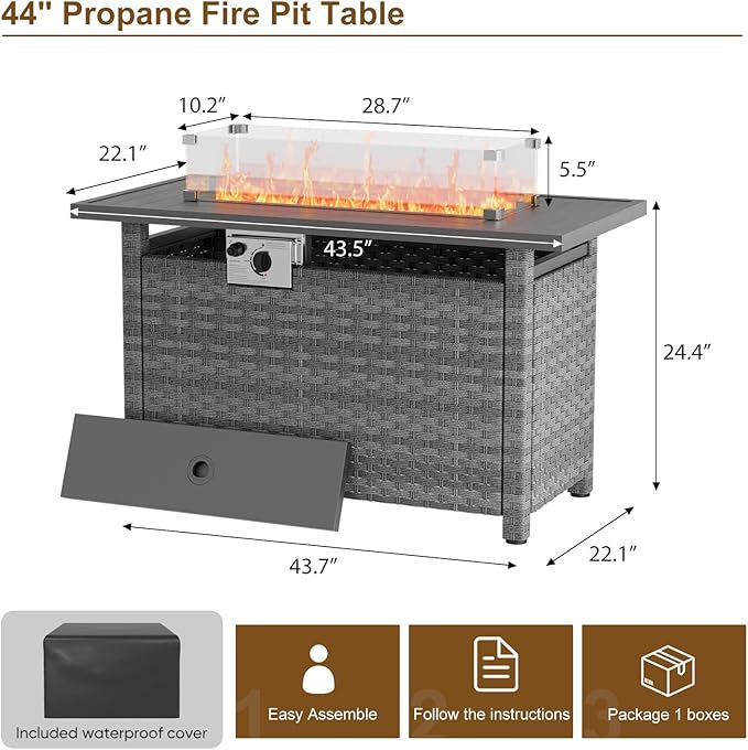 44 Fire Pit Table with Wind Guard for Outdoor Auto-Ignition Propane Gas Firepits Rattan Rectangular Table for Outside Patio 60000 BTU Gray