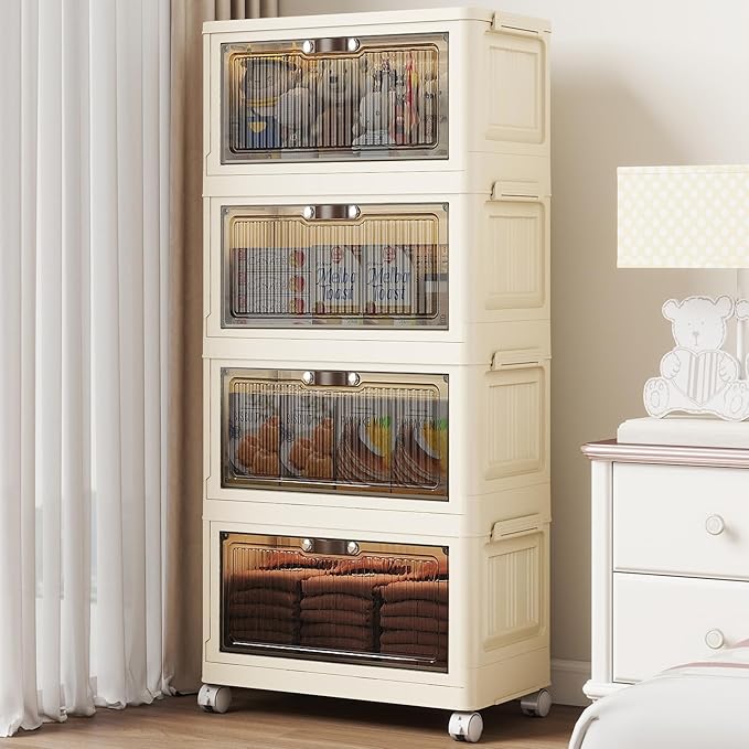 4 Tier - 34QT Storage Bins with Lids Collapsible Storage Bins with Doors and Wheels Plastic Storage Cabinet for Easy Storage and Organization for Living Room Office