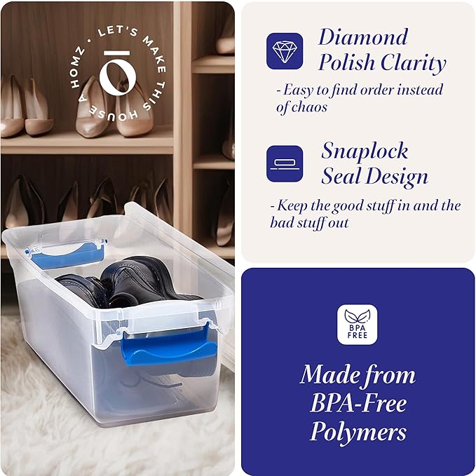 HOMZ 5-Pack Latching Lid Clear Plastic Storage Organizer Bins 7.5 Quart Blue Latch - Stackable Organizing Containers for Home Garage and Office