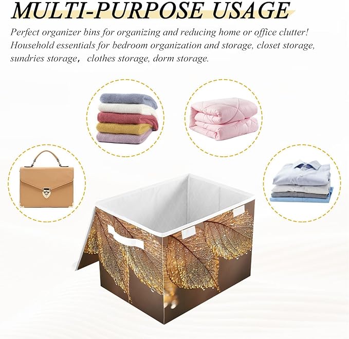 Elegant Leaf Storage Basket Bins with Lid Collapsible Flip-top with Handle for Home Office 16.5×12.6×11.8 in
