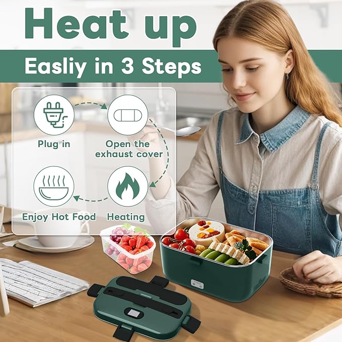DUPASU Electric Lunch Box Food Warmer: 100W Heated Lunch Box for Adults 1.8L Portable Fast Heating Lunchbox Food Heater for Car Truck Work Travel Lonchera Elctrica 12/24V/110-230V