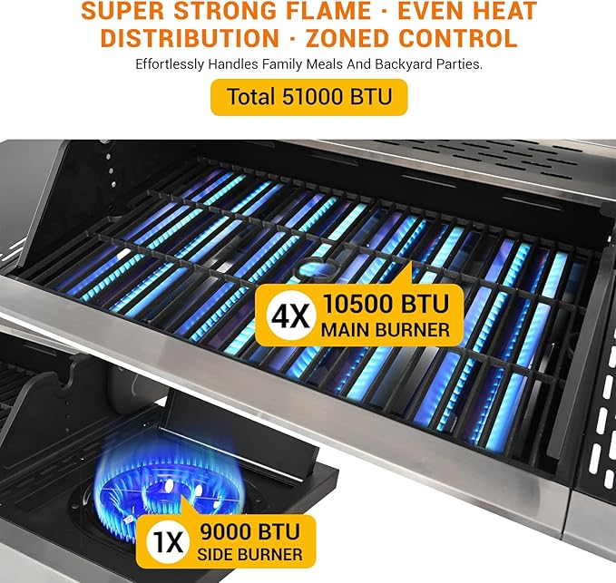 EUHOME Upgraded 51000 BTU Stainless Steel Burner Barbecue Grill 4 Burner BBQ Propane Gas Grill with Side Burner 452 sq. in Cooking Area with Porcelain for Patio Camping Outdoor Cooking