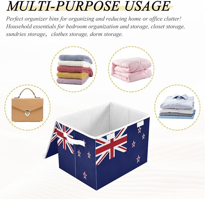 New Zealand Flag Zealander Kiwi National Blue Storage Bins with Lid Foldable Clothes Organizer Storage for Clothes for