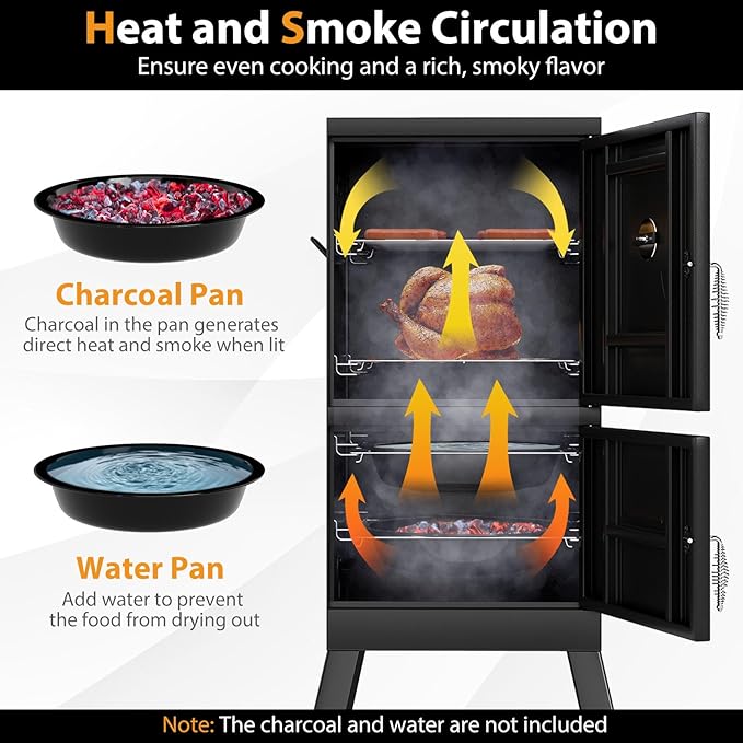 Charcoal Smoker Outdoor Vertical BBQ Smoker with Thermostat 2 Access Doors 2 Cooking Grates 2 Removable Pans &amp 4 Air Vents Meat Smokers Grill for Parties Barbecues and Backyard