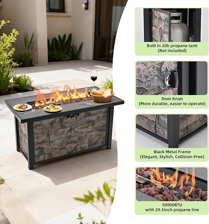 48 Fire Pit Table with Metal top &amp Stone Panel Propane Gas Firepit 5W BTU Fire Table for Outside Patio Backyard Deck Balconywith Metal LidLava Rocks &amp Rain Cover Rectangular