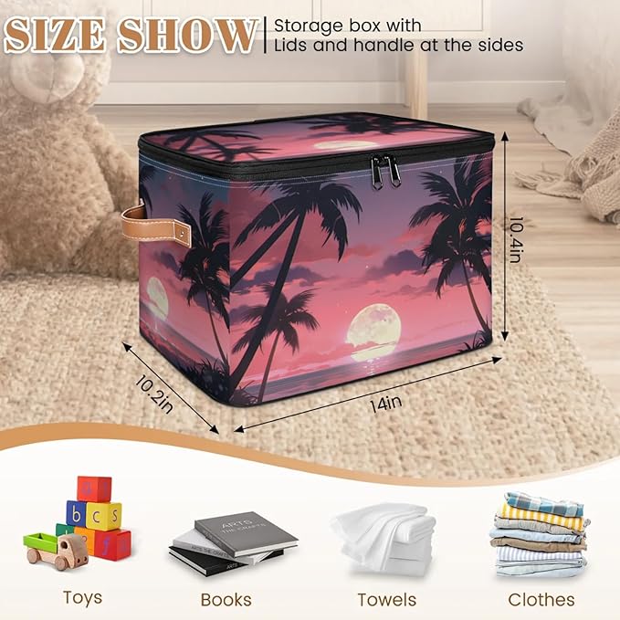 Storage Bins with Lids Palm Tree Beach Storage Basket Clothes Organizer with Handles Closet Storage Containers for Clothing Bedding Blanket
