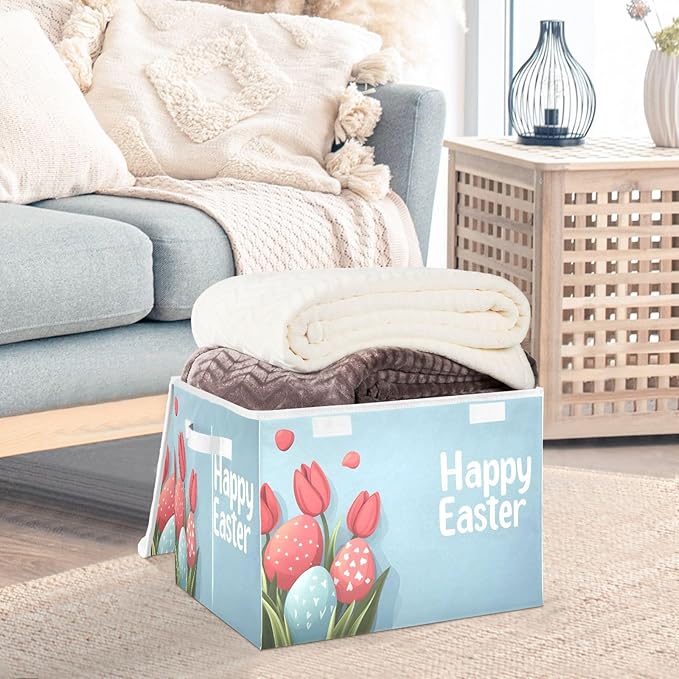 Happy Easter Pattern Foldable Storage Baskets Fabric Boxes with Handle Organizers with Flip-Top Lids Storage Bins for Home Bedroom Office