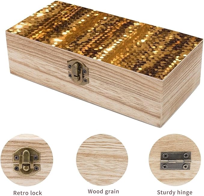 Wood Storage Box with Lid Gold Sequin Sparkle Wooden Box Storage Box For Home Decoration Perfect for Souvenirs