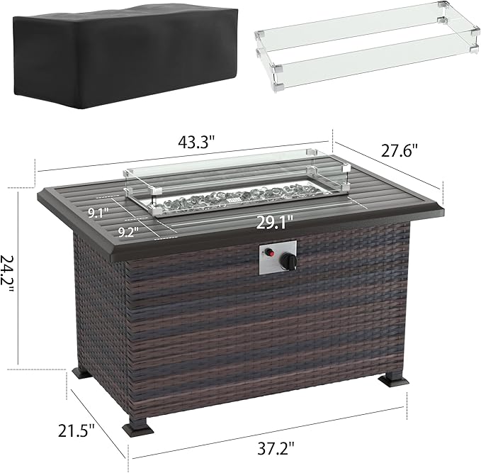 Kurapika Propane Fire Pit Table 43 Inch 55000 BTU Auto-Ignition CSA Certification Outdoor Rattan Gas Fire Pits with Slide Out Tank Holder Outdoor Fire Tables Wider Desktop Windshield and Lid