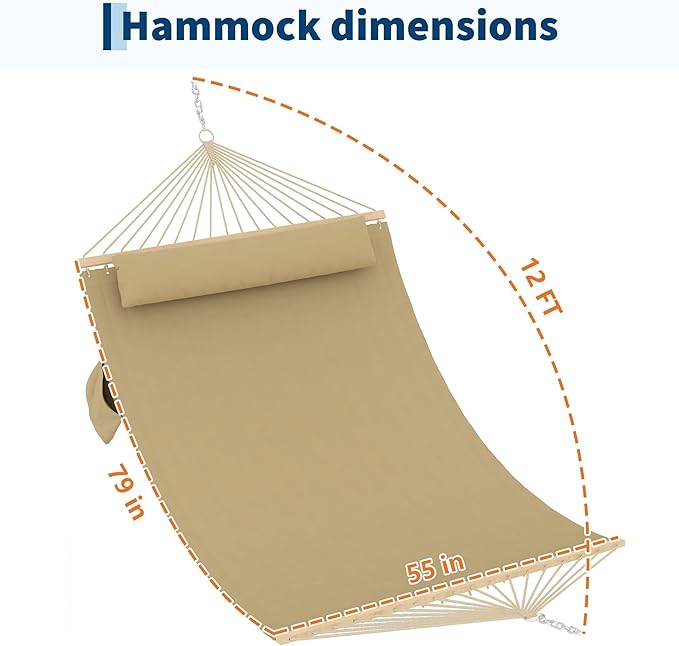 Hammocks 12 FT Double Quilted Fabric Hammock with Spreader Bar and Detachable Pillow 2 Person Hammock for Outdoor Patio Backyard Poolside 450lbs Weight Capacity