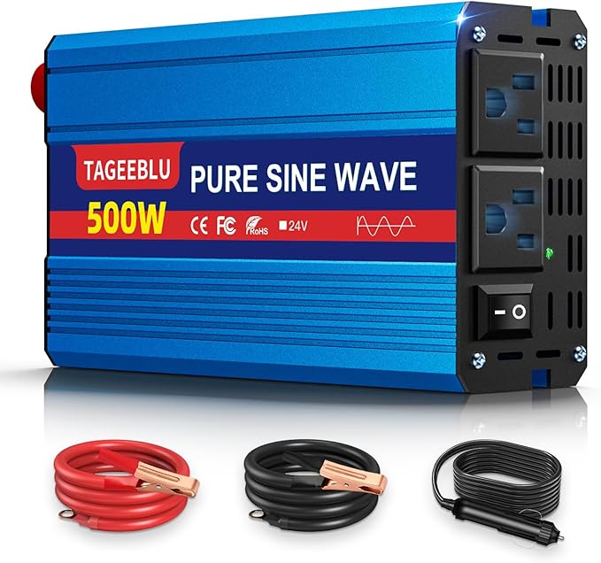 500W Pure Sine Wave Power Inverter DC 24V to 110V AC Converter with LCD Display Battery Clamps &amp Cigarette Lighter Plug Car Inverter with Dual AC Outlets for Vehicles RV Truck Camping Laptop CPA