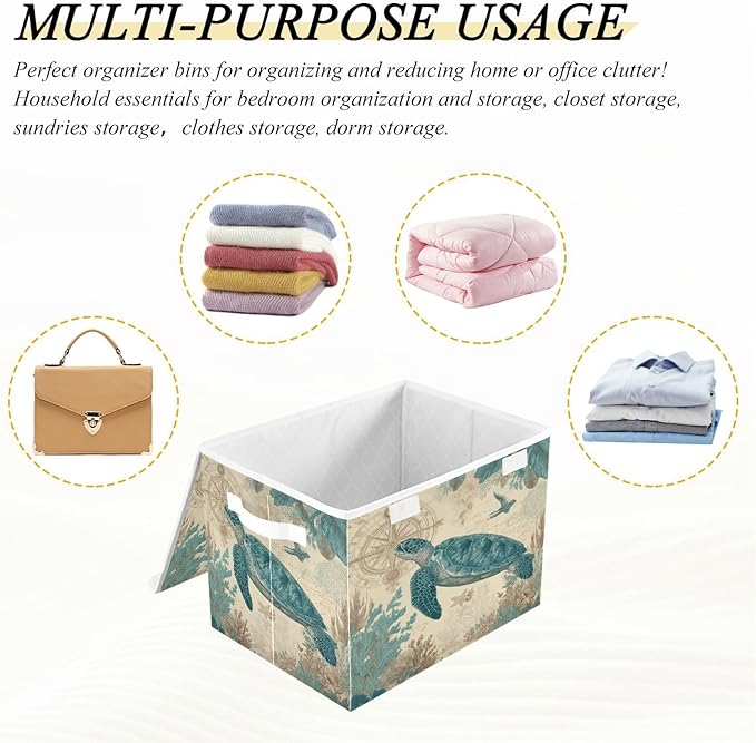 Retro Sea Turtle Compass Collapsible Storage Bins with Lids Decorative Fabric Cubes Closet Organizer Basket Boxes Containers for Clothes Box Chest Folding Rectangle