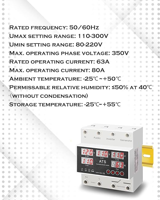 Automatic Transfer Switch for Generator Inverter 110V 63A Adjustable Voltage Protector with LED Display Overcurrent Overvoltage and Undervoltage Protections