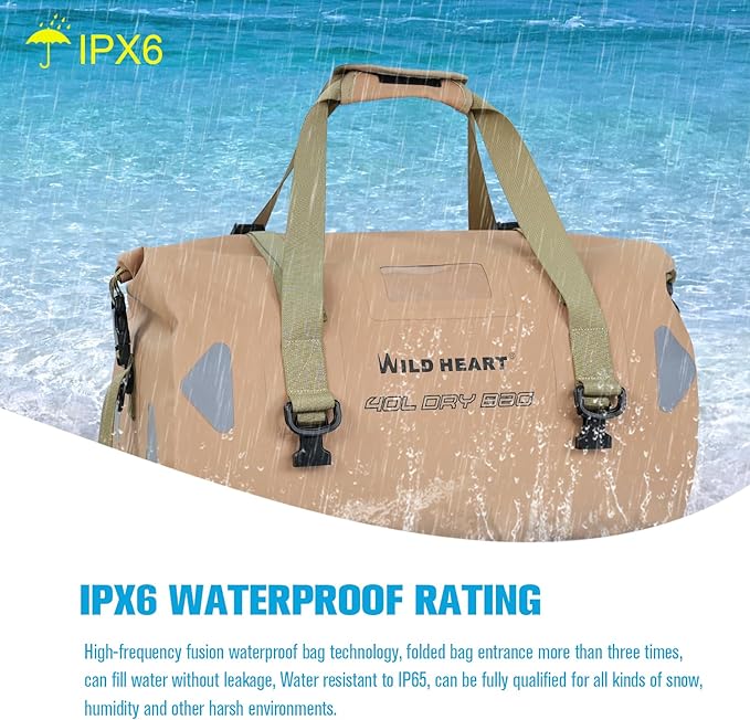 WILD HEART Waterproof Motorcycle Duffel Bag PVC500D Double-bottom With Rope Straps and Inner Pocket 40L 66L 100L for Kayaking Camping BoatingMotorcycle