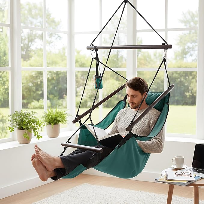 ONCLOUD Upgraded Unique Hammock Hanging Sky Chair Air Deluxe Swing Seat with Rope (Green)