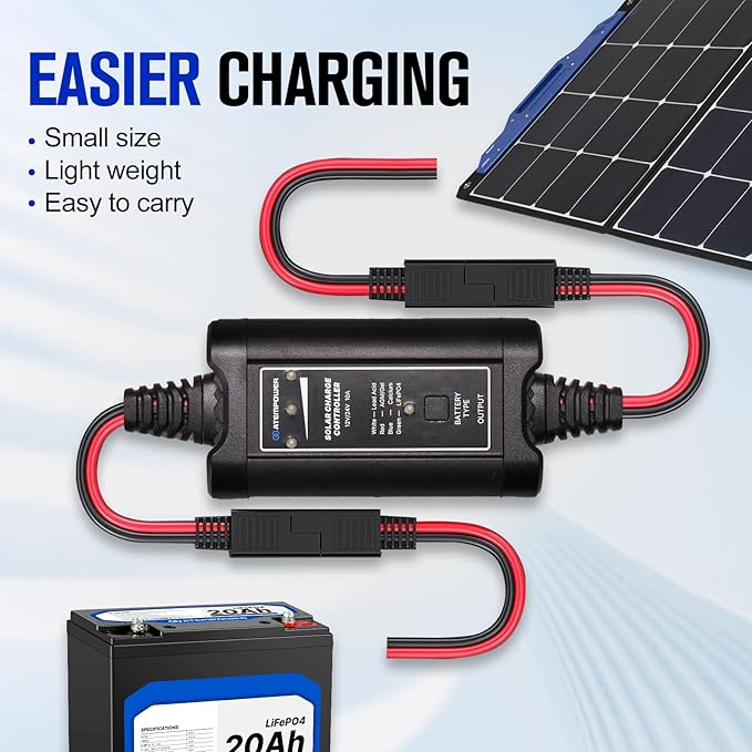 10A MPPT Solar Charge Controller ATEM POWER 12/24 Volt Intelligent Portable Solar Panel Controller for Solar Panels Solar Regulator with LED Indicate for Gel AGM Lead-Acid LiFePO4 Lithium Battery