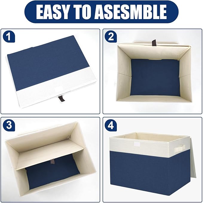 Bagnizer Large 42 Quarts Fabric Storage Bins with Lids [2-Pack] Linen Collapsible Foldable Baskets Closet Organizer Containers boxes with Handles for Home Office (16.7 x 12 x 12 Navy Blue &amp Whit