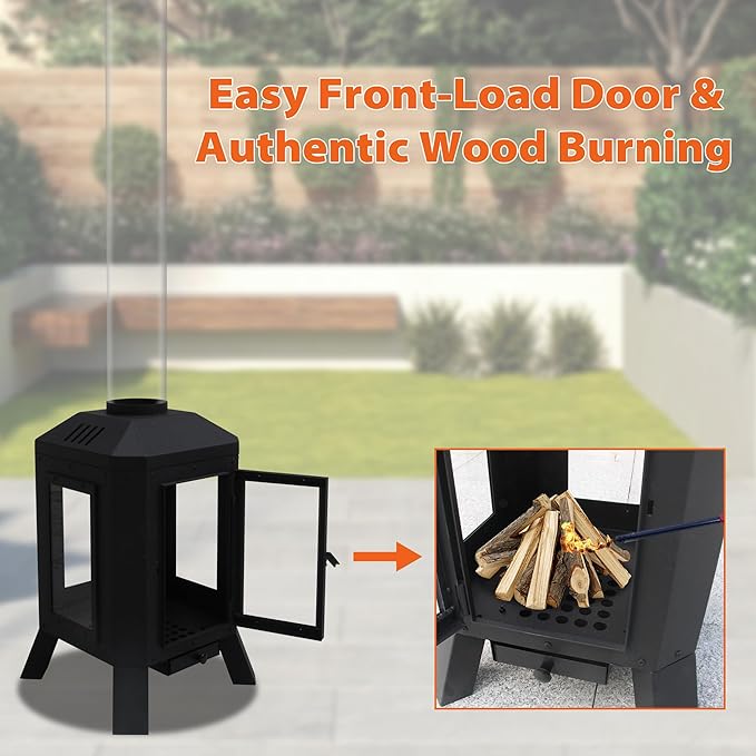Wood Burning Patio Heater with Glass Viewing Window Glass Tube Fire Pits for Outside Wood Burning Outdoor Fire Pit for Backyard Patio
