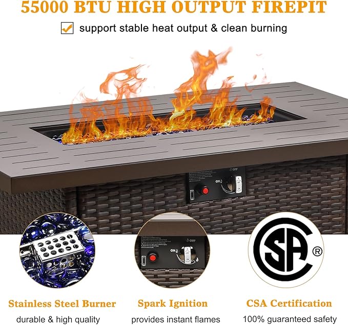 LayinSun 44 Propane Gas Fire Pit Table 55000 BTU Rectangular Fire Pit with Glass Wind Guard for Outside Patio Deck Garden Backyard Brown-Aluminum Top