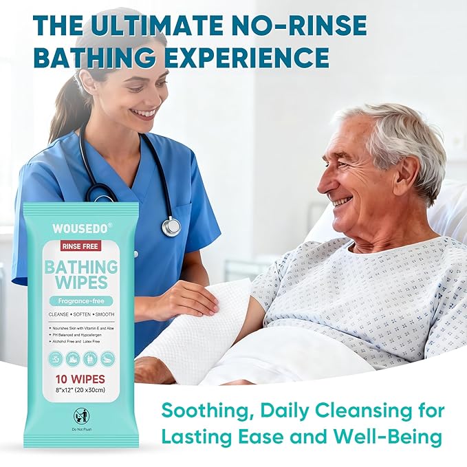 No Rinse Bathing Wipes for Adults - Extra Thick 8x12 Inch Disposable Shower Wipes Hypoallergenic Unscented Body Cleansing Cloths for Bed Bath Hospital Travel Camping - 300 Count(30 Packs)