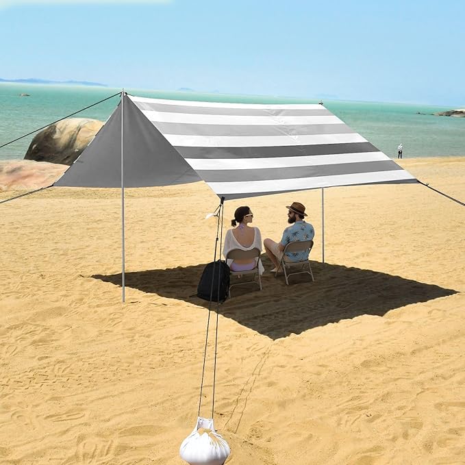 ALAZA Grey White Striped Beach Tent Sun Shelter Portable Canopy Sunshade for Outdoor Camping Picnics Backyard Fun 10x9 ft