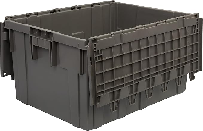 Buckhorn Industrial Lidded Plastic Storage Container Nesting and Stackable Plastic Storage Box with Lid Attached Organization Tote for Transport and Warehouse 27 Gallon Capacity 28x21x15 Gray