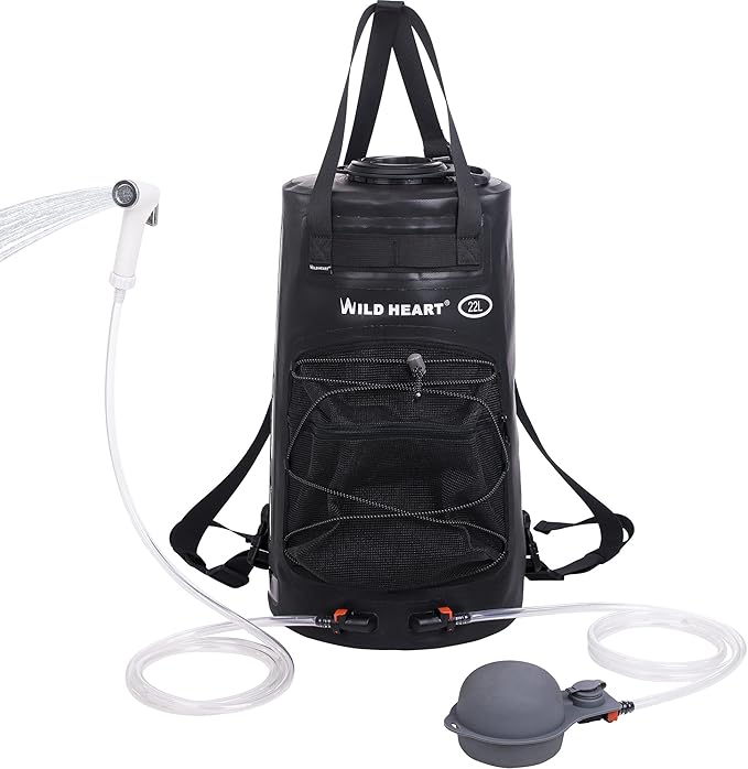 WILD HEART Camping Shower 22L/ 12L Portable Shower for Camping with Pressure Foot Pump and Hose - Solar Shower Bag Backpack for Camping Road Trip &amp Outdoor Use