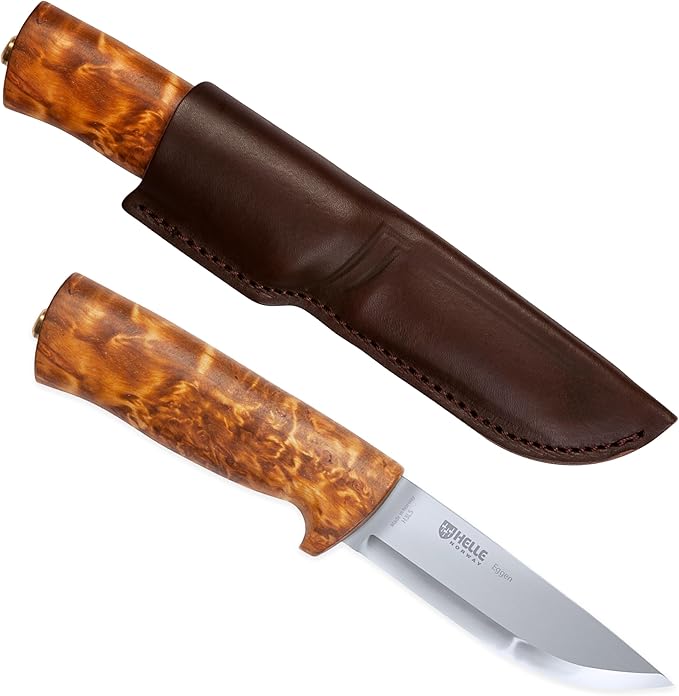 HELLE Knives - Eggen - Triple Laminated Stainless Steel Outdoor Adventure Camping Knife with Sheath Stick Tang Fixed Blade Curly Birch Handle Made in Norway