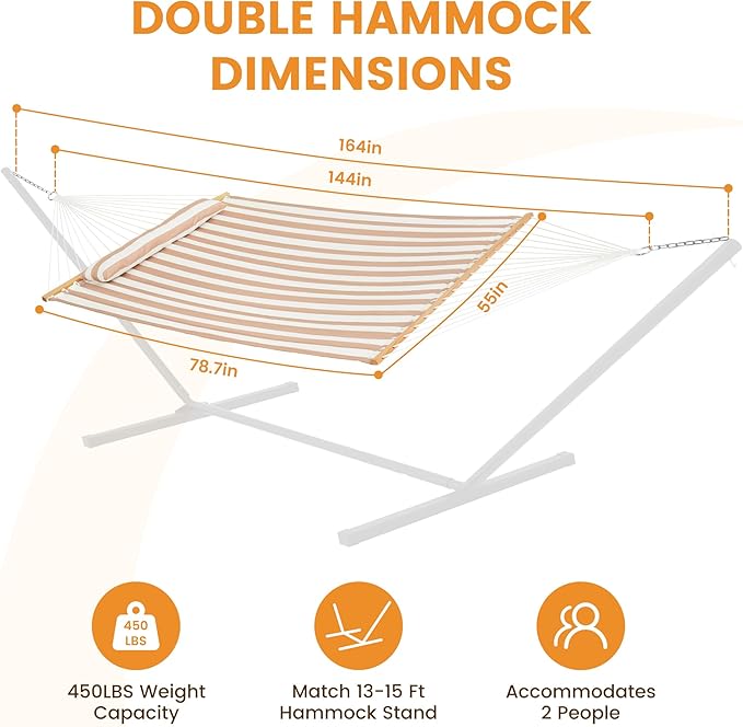 Lazy Daze 12 FT Quilted Double Hammock with Spreader Bar 2-Person Outdoor Hammock for Patio Poolside Backyard Beach 450 lbs Capacity Beige White
